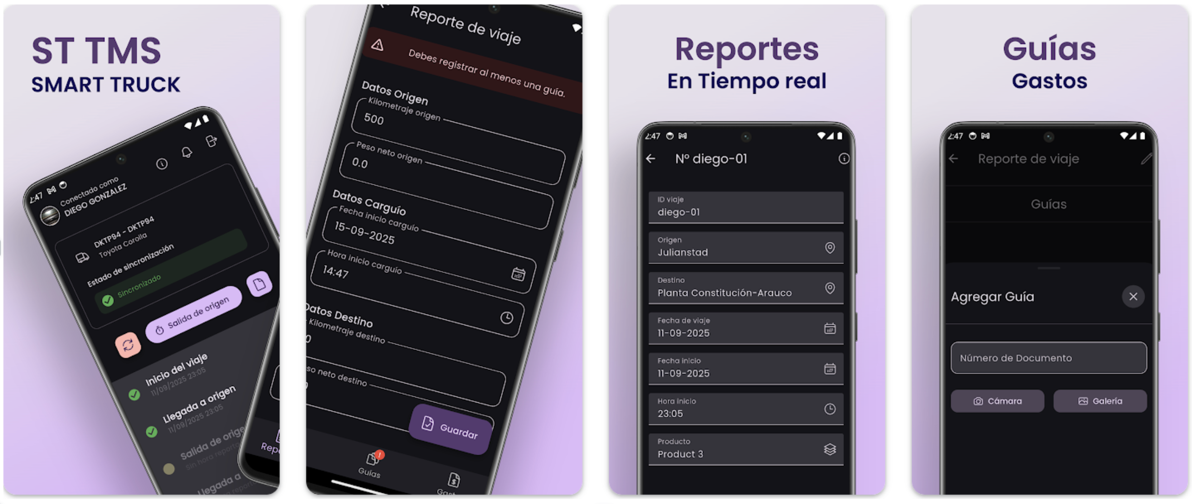 Interfaz de la aplicación SmartTruck TMS en un smartphone